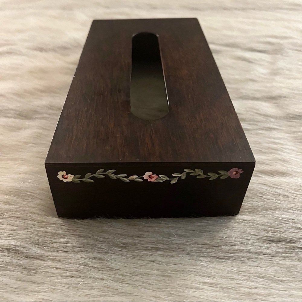 Vintage HANDPAINTED Flowets Dark Wooden Rectangle Tissue Box Covet Midcentury - Picture 8 of 12
